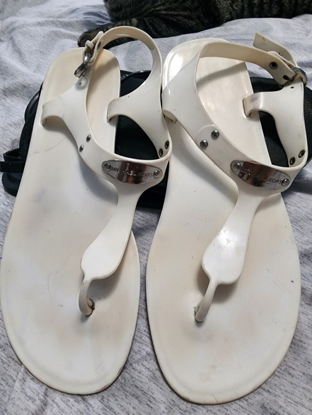 Michael Kors White Jelly T-Strap Sandals with Silver Plaque